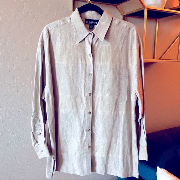 Company Ellen Tracy Beige Stripe 100% Linen Tunic Shirt womens size medium M - Picture 1 of 7